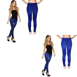 LEGGINGS DA DONNA EFFETTO JEANS STRAPPATO SNELLENTE JEANS COLORE CHIARO E SCURO