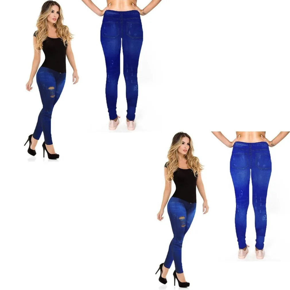 LEGGINGS DA DONNA EFFETTO JEANS STRAPPATO SNELLENTE JEANS COLORE CHIARO E SCURO
