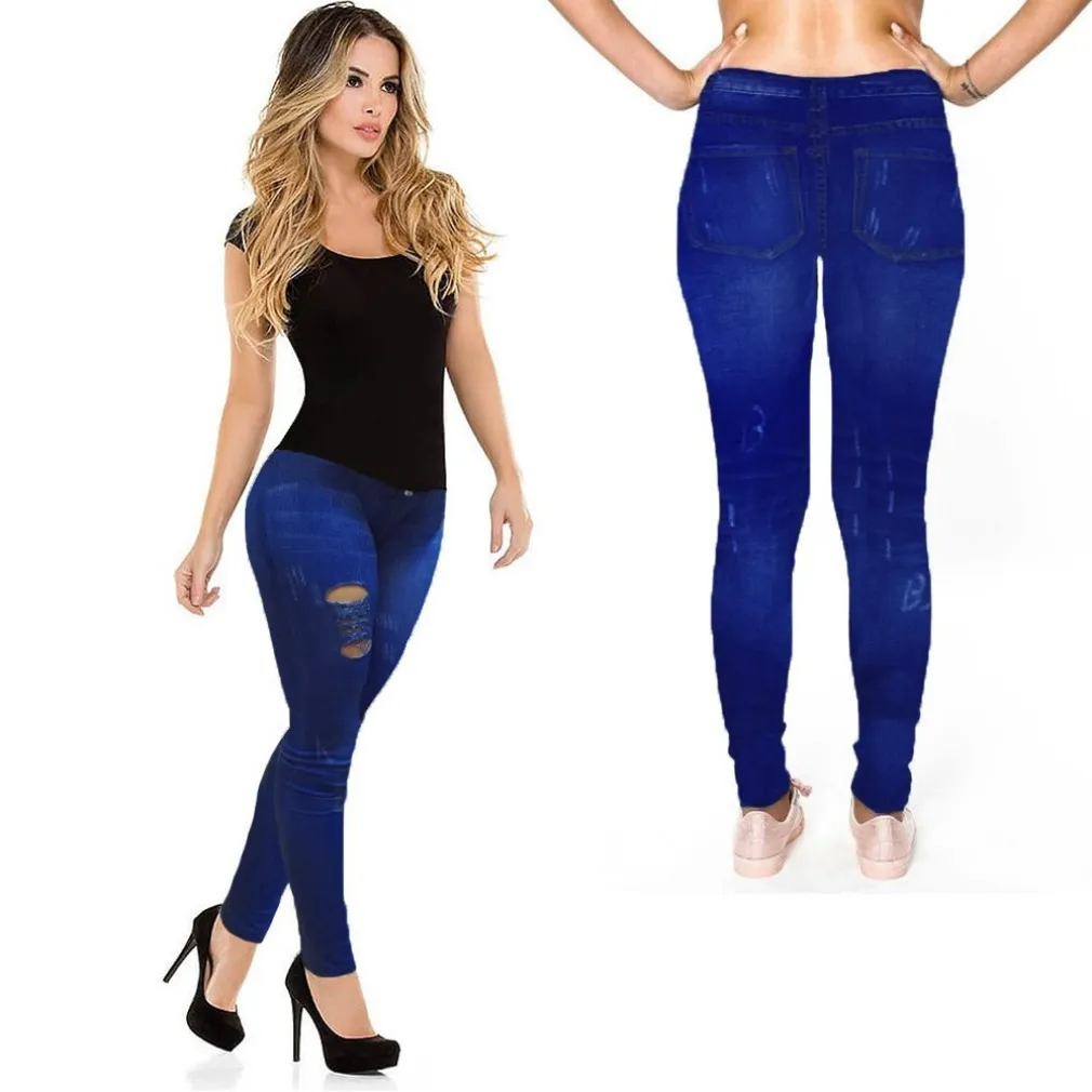 LEGGINGS DA DONNA EFFETTO JEANS STRAPPATO SNELLENTE JEANS COLORE CHIARO E SCURO