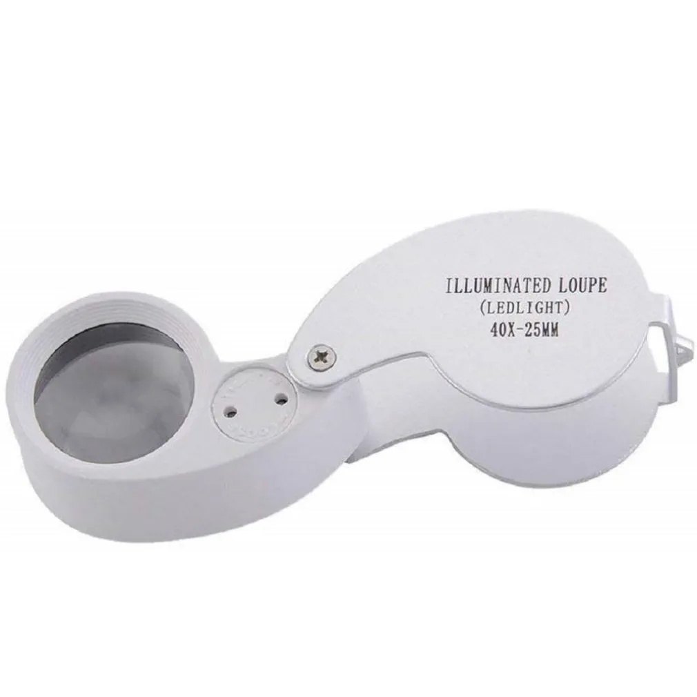 LENTE INGRANDIMENTO ILLUMINATA 40X-25MM A LED DA TASCA PRECISIONE PIEGHEVOLE METALLO