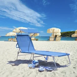 LETTINO IN TEXTILENE CON PARASOLE BLU PER MARE GIARDINO SCHIENALE REGOLABILE 281012