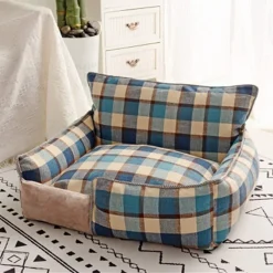 LETTO PER CANI TRASPIRANTE COTONE LAVABILE DIVANO TAGLIA XL 76X71CM GRIGLIA BLU