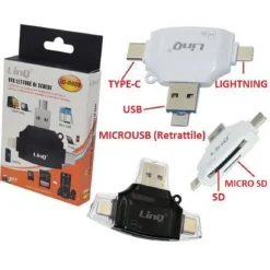 LETTORE SCHEDE MEMORIA MEMORY 4 IN 1 OTG USB MICRO USB TIPO C LIGHTNING ID-R008