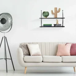 LIBRERIA MENSOLE SCAFFALE PARETE DESIGN MODERNA LEGNO METALLO 2 RIPIANI NERO