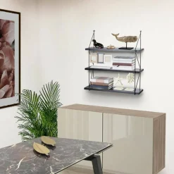 LIBRERIA MENSOLE SCAFFALE PARETE DESIGN MODERNA LEGNO METALLO 3 RIPIANI NERO
