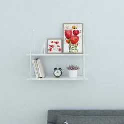 LIBRERIA MENSOLE SCAFFALE PARETE DESIGN MODERNA LEGNO METALLO 2 RIPIANI BIANCO