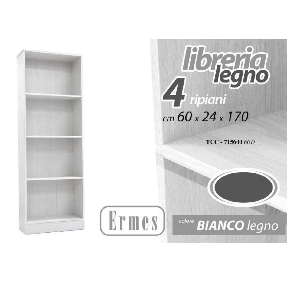LIBRERIA MODERNA SCAFFALE 4 RIPIANI 170X60X24CM MOBILE ERMES LEGNO BIANCO 715600