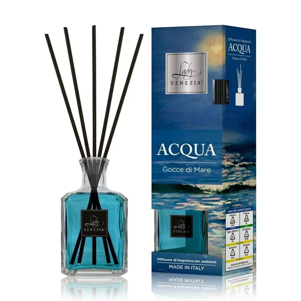 MAXI DIFFUSORE AMBIENTE CUBO CON BASTONCINI FRAGRANZA ACQUA GOCCE DI MARE 250 ML