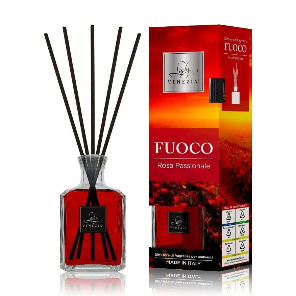 MAXI DIFFUSORE AMBIENTE CUBO CON BASTONCINI FRAGRANZA FUOCO ROSA PASSIONALE 250ML