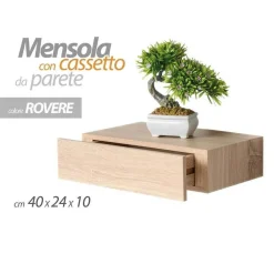 MENSOLA DA PARETE CON CASSETTO SOSPESO PENSILE IN LEGNO ROVERE 40X24X10CM 782510