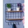 MENSOLA DA PARETE IN FERRO METALLO NERO 2 RIPIANI LEGNO 5 GANCI 30X10X40CM 661998