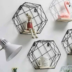 MENSOLA PARETE ESAGONALE 1 RIPIANO DESIGN MODERNO SCAFFALE LEGNO MDF METALLO NERO