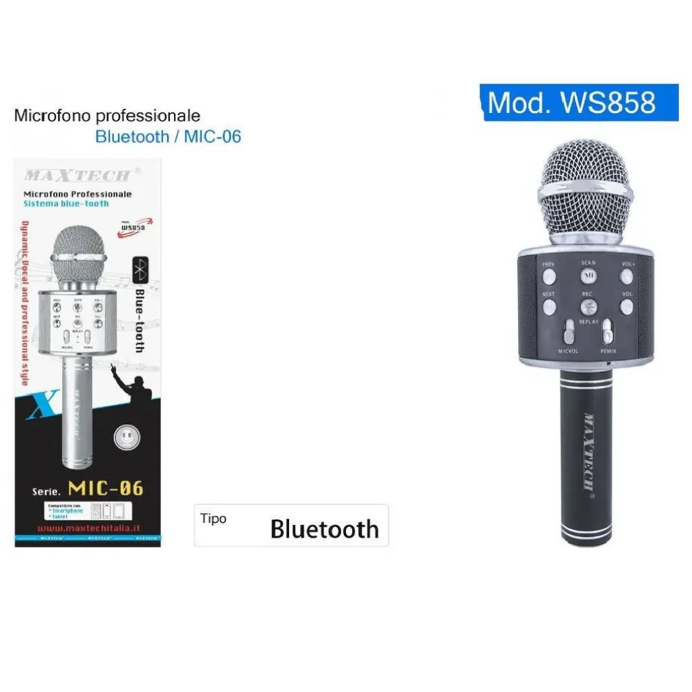 MICROFONO ALTOPARLANTE BLUETHOOT WIRELESS CON SPEAKER KARAOKE MAXTECH MIC-06