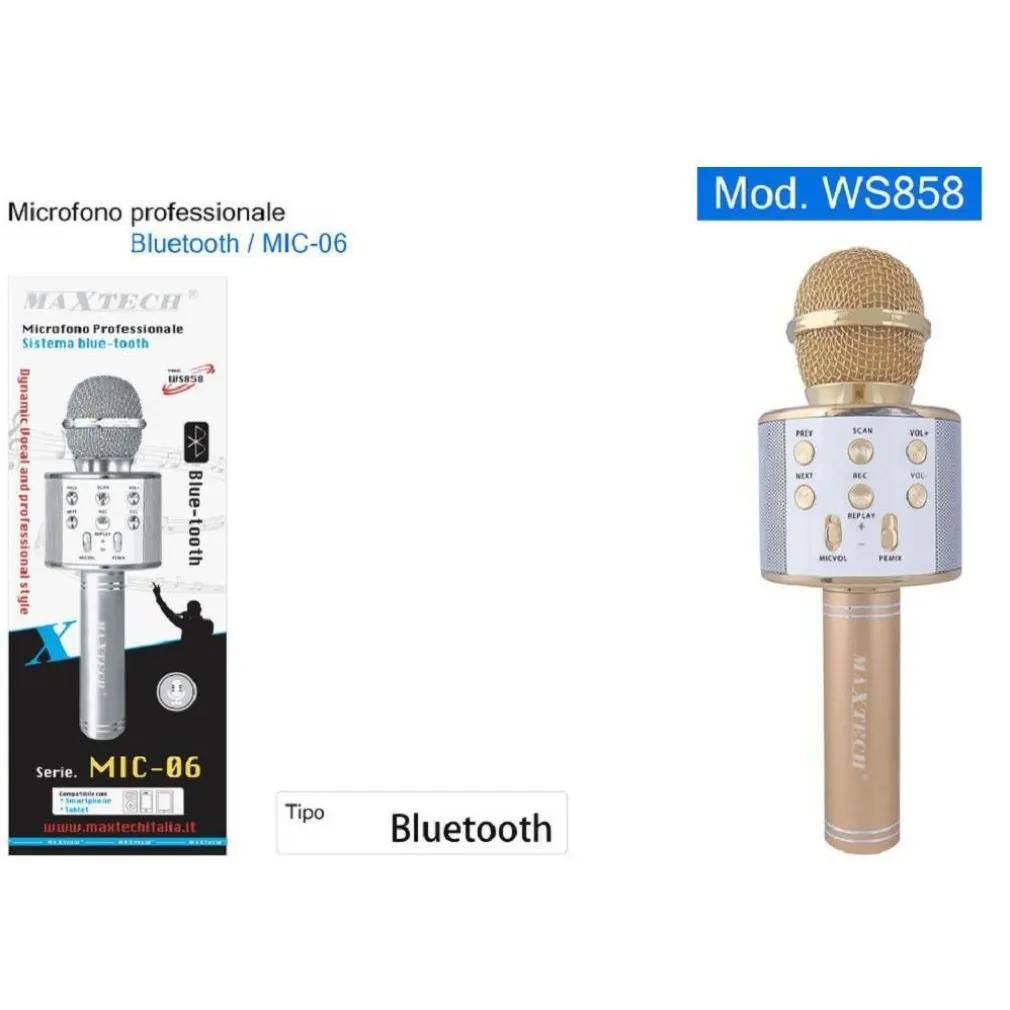MICROFONO ALTOPARLANTE BLUETHOOT WIRELESS CON SPEAKER KARAOKE MAXTECH MIC-06