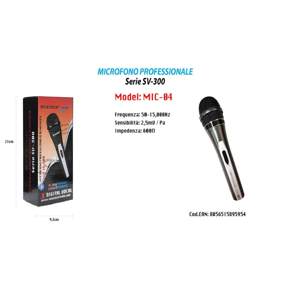 MICROFONO DINAMICO UNIDIREZIONALE 18CM CAVO 2MT XLR-JACK ON/OFF KARAOKE MAXTECH MIC-04
