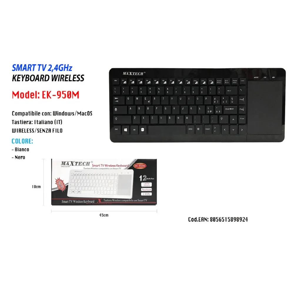MINI TASTIERA WIRELESS TOUCHPAD KEYBOARD SMART TV COMPUTER PC 2.4GHZ MAXTECH EK-950M