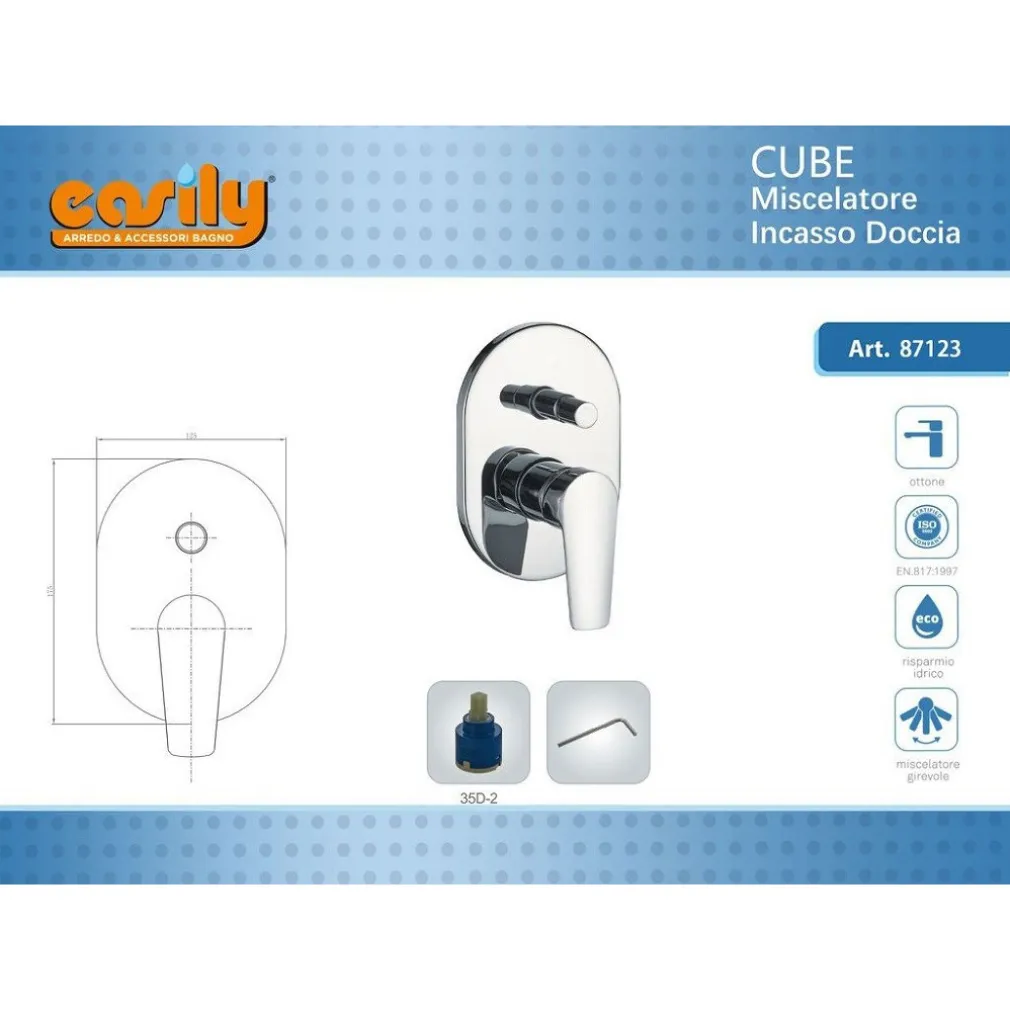 MISCELATORE INCASSO DOCCIA CON DEVIATORE PARETE BAGNO OTTONE CROMATO CUBE 87123