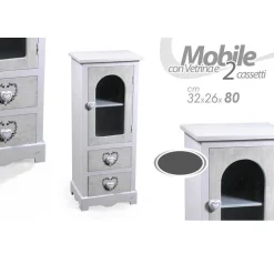 MOBILE CON VETRINA CUORE ANTA 2 CASSETTI IN LEGNO SHABBY CHIC 80X32X26CM 662218