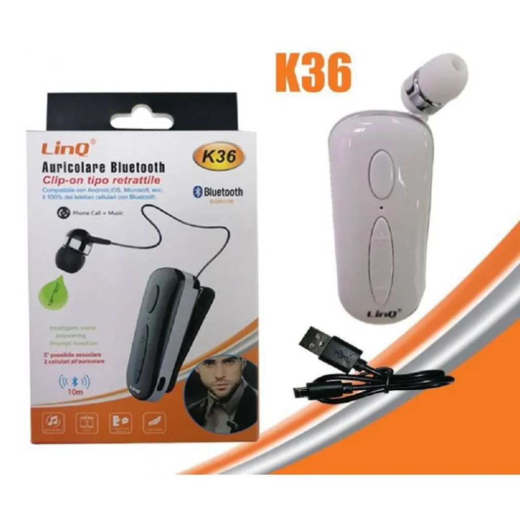 MONO AURICOLARE STEREO BLUETOOTH CON CLIP-ON RETRATTILE ASSOCIA 2 CELLULARI K36