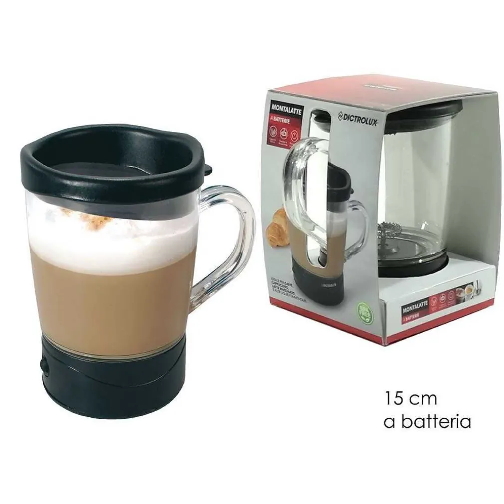 MONTALATTE A BATTERIA BICCHIERE CON TAPPO ERMETICO 15CM PER CAPPUCCINO LATTE MACCHIATO