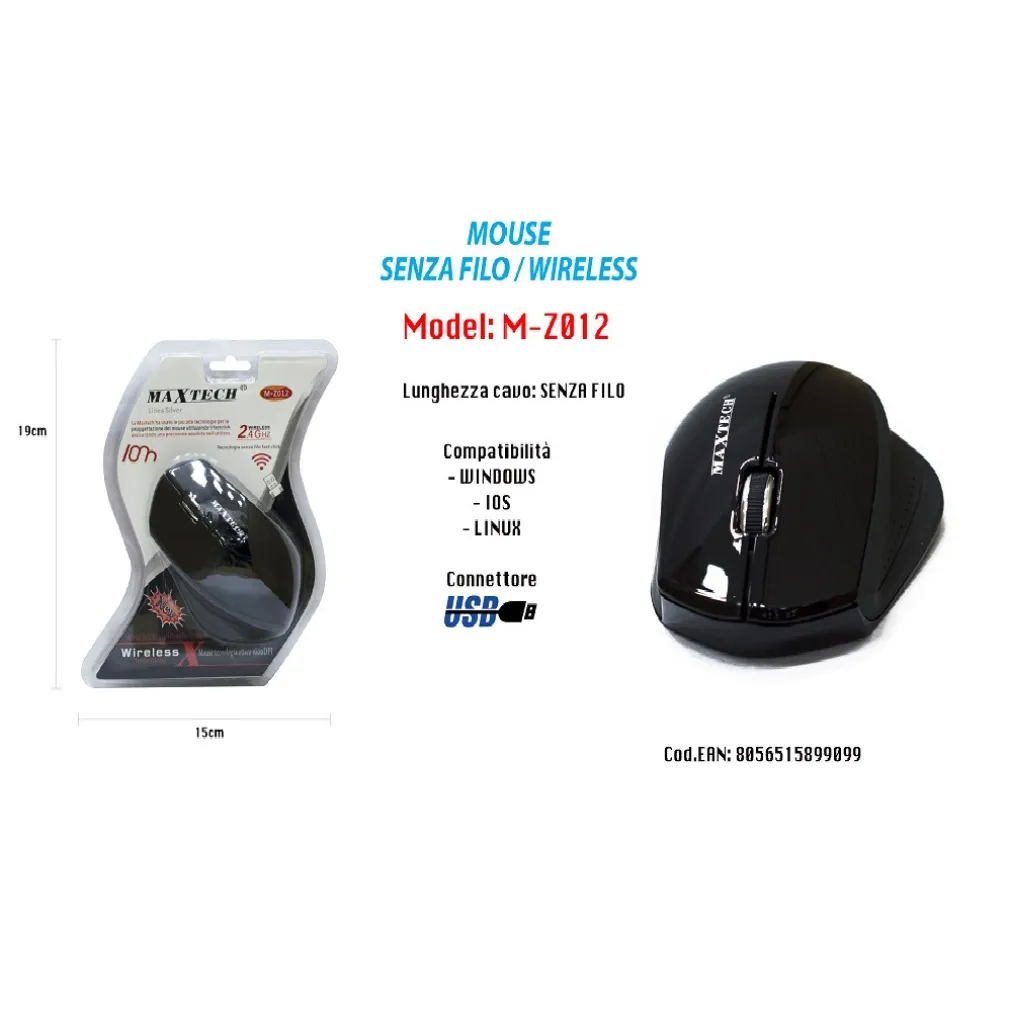 MOUSE WIFI WIRELESS SENZA FILO PORTATILE PC COMPUTER 1600DPI 2.4GHZ MAXTECH M-Z012