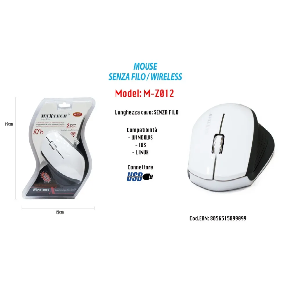 MOUSE WIFI WIRELESS SENZA FILO PORTATILE PC COMPUTER 1600DPI 2.4GHZ MAXTECH M-Z012