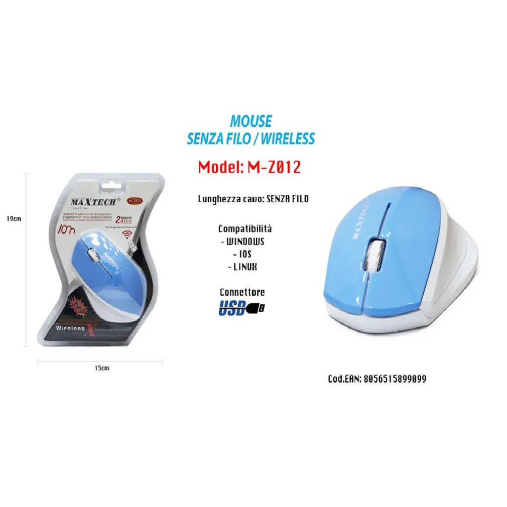 MOUSE WIFI WIRELESS SENZA FILO PORTATILE PC COMPUTER 1600DPI 2.4GHZ MAXTECH M-Z012