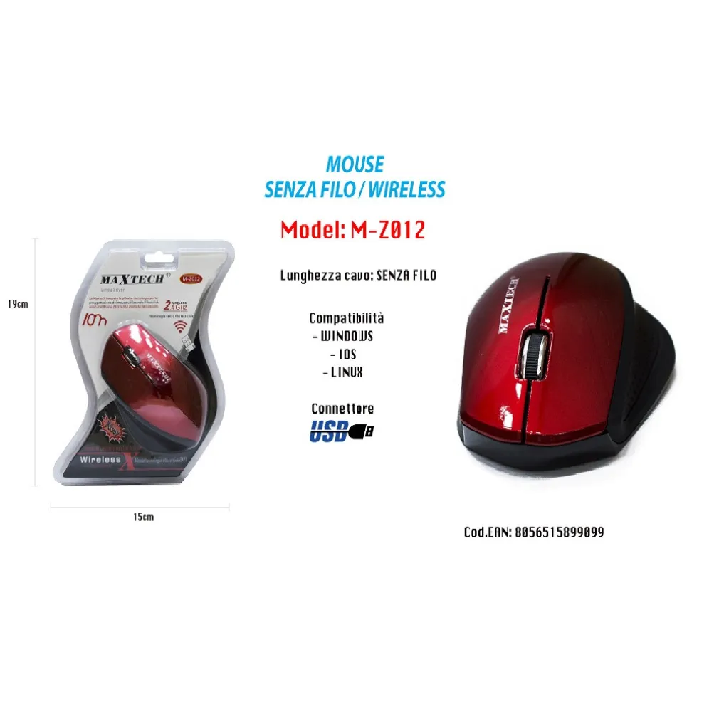 MOUSE WIFI WIRELESS SENZA FILO PORTATILE PC COMPUTER 1600DPI 2.4GHZ MAXTECH M-Z012