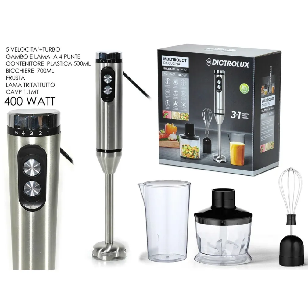 MULTIROBOT DA CUCINA 400 WATT 3IN1 MONTA TRITA FRULLA CON 5 VELOCITÀ + FUNZIONE TURBO
