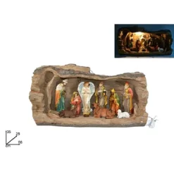 NATIVITA' IN RESINA SCENARIO TRONCO ALBERO CON LUCE CALDA DECORAZIONI NATALIZIE