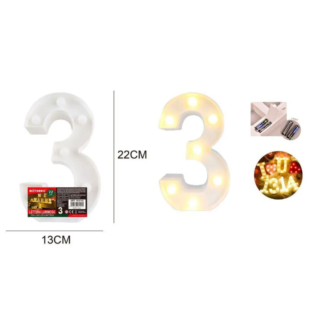 NUMERO 3 LUMINOSO CON LUCI LED A BATTERIA DECORAZIONI PER LA CASA DIM. 22 CM