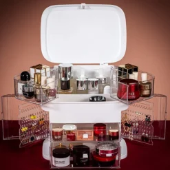 ORGANIZER BEAUTY CASE PORTA TRUCCO ACCESSORI GIOIELLI CON SPECCHIO LED CASSETTI