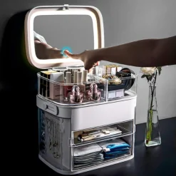 ORGANIZER BEAUTY CASE PORTA TRUCCO ACCESSORI GIOIELLI CON SPECCHIO LED CASSETTI