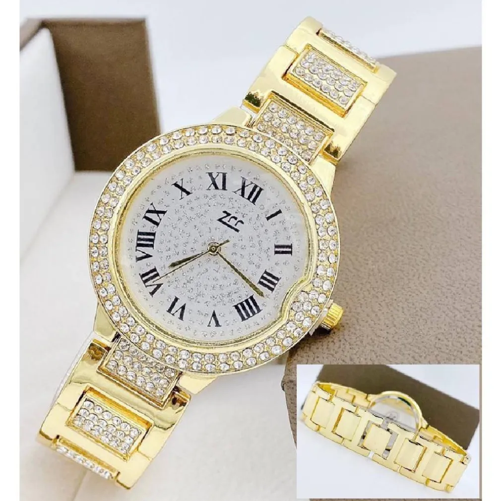 OROLOGIO DA POLSO DONNA ZCC 08 QUARZO ANALOGICO MODA BRILLANTINI DORATO BIANCO