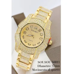 OROLOGIO DA POLSO SOUSOU S6011 QUARZO ACCIAIO MODA BRILLANTINI DORATO FONDO ORO