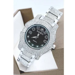 OROLOGIO DA POLSO SOUSOU S6011 QUARZO ACCIAIO MODA BRILLANTINI SILVER FONDO NERO