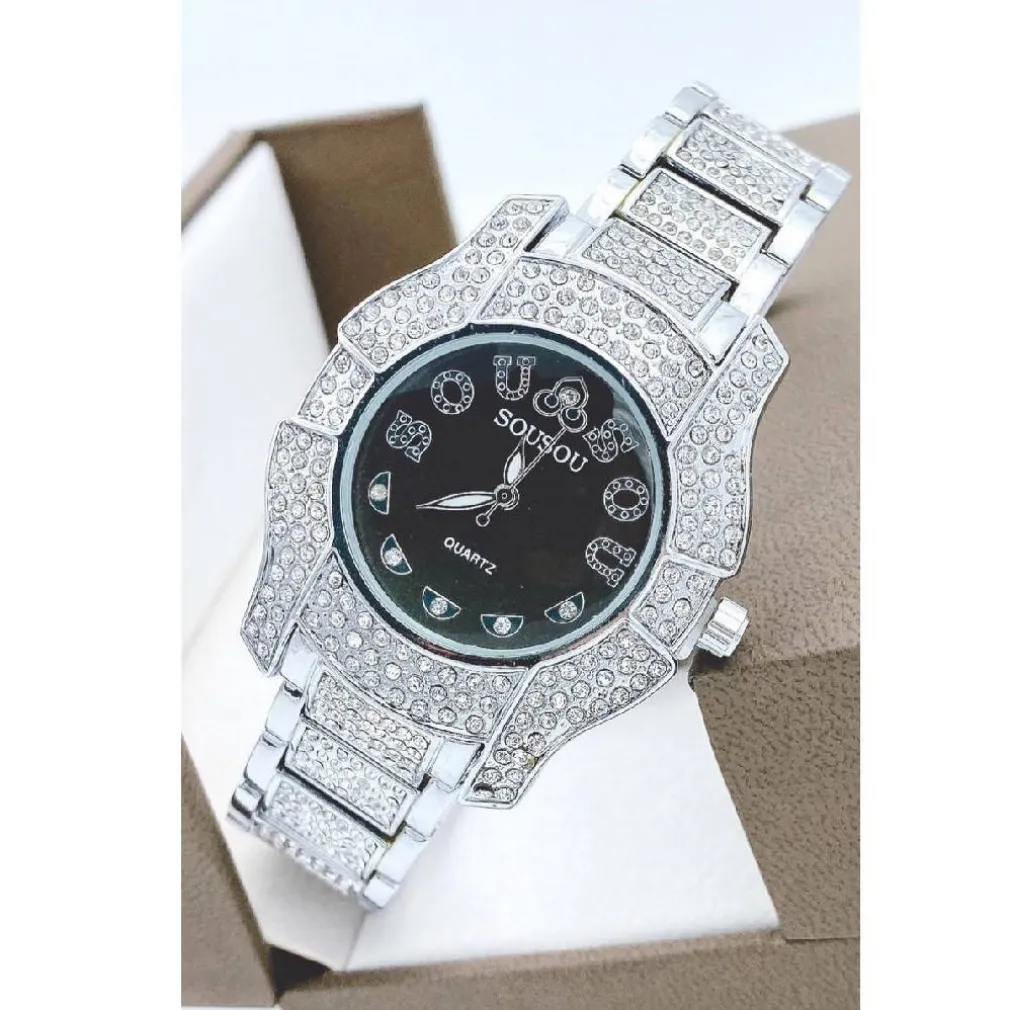 OROLOGIO DA POLSO SOUSOU S6011 QUARZO ACCIAIO MODA BRILLANTINI SILVER FONDO NERO