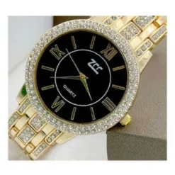 OROLOGIO DA POLSO ZCC 13 DONNA QUARZO ACCIAIO MODA BRILLANTINI DORATO FONDO NERO