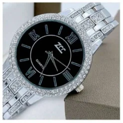 OROLOGIO DA POLSO ZCC 13 DONNA MODA QUARZO ACCIAIO BRILLANTINI SILVER FONDO NERO