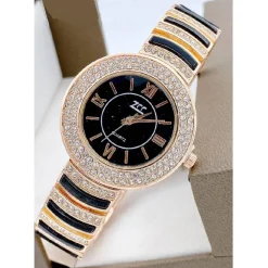 OROLOGIO DA POLSO ZCC DONNA QUARZO ACCIAIO ANALOGICO MODA BRILLANTINI ROSA NERO