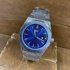 OROLOGIO DA POLSO ZCC UOMO AL QUARZO ANALOGICO DATA ELEGANTE SILVER FONDO BLU