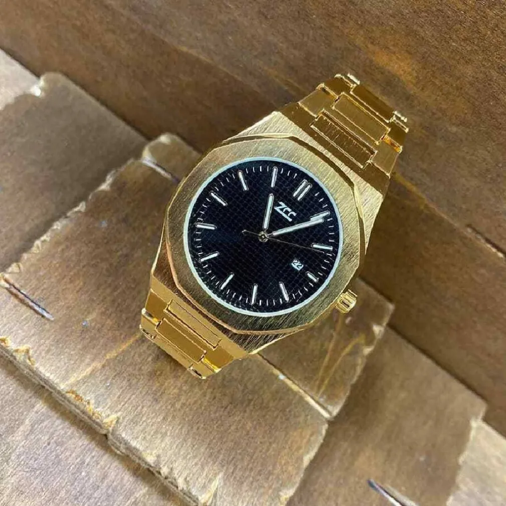 OROLOGIO DA POLSO ZCC UOMO AL QUARZO DATARIO ELEGANTE DORATO FONDO NERO