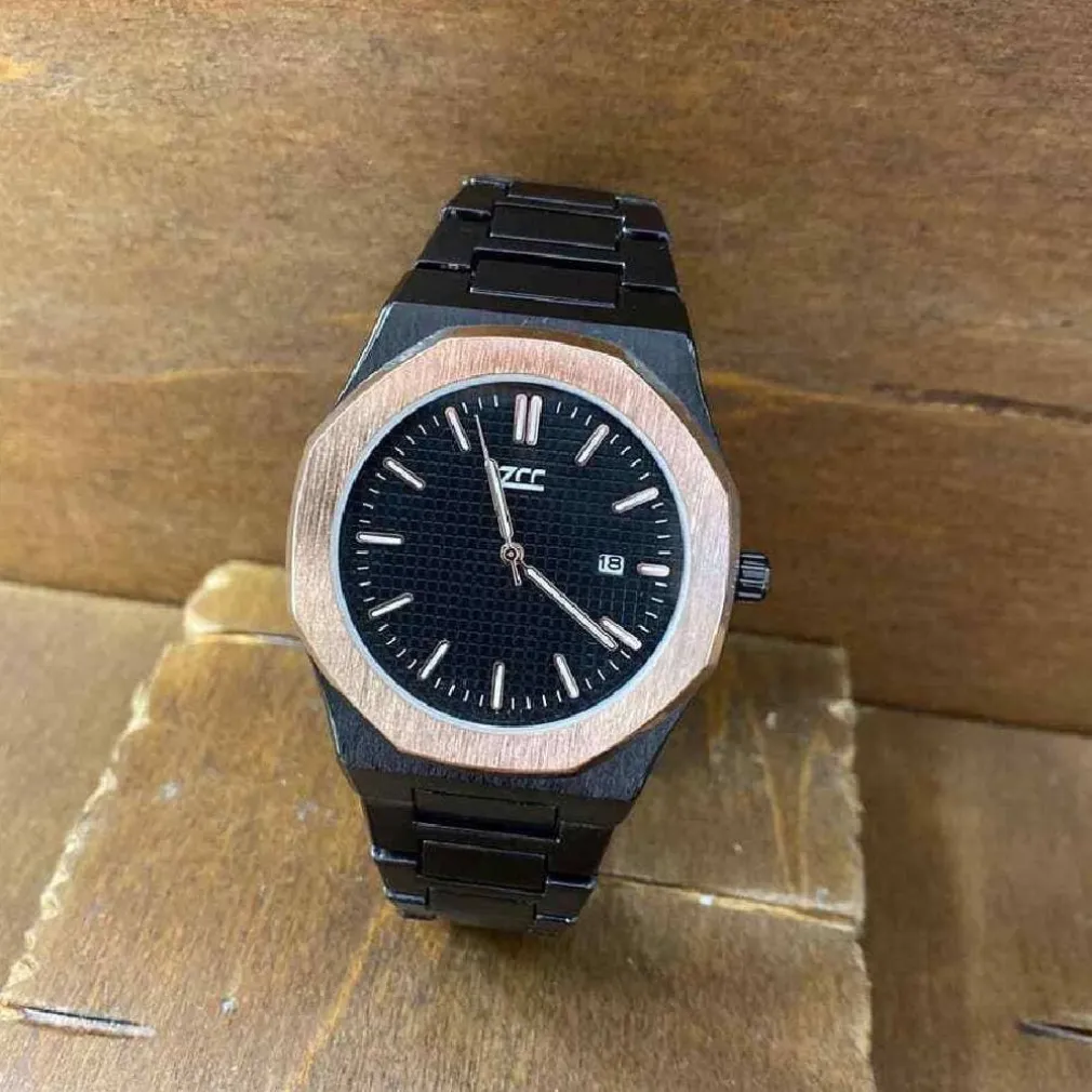 OROLOGIO DA POLSO ZCC UOMO AL QUARZO DATA ELEGANTE NERO ROSE GOLD FONDO NERO