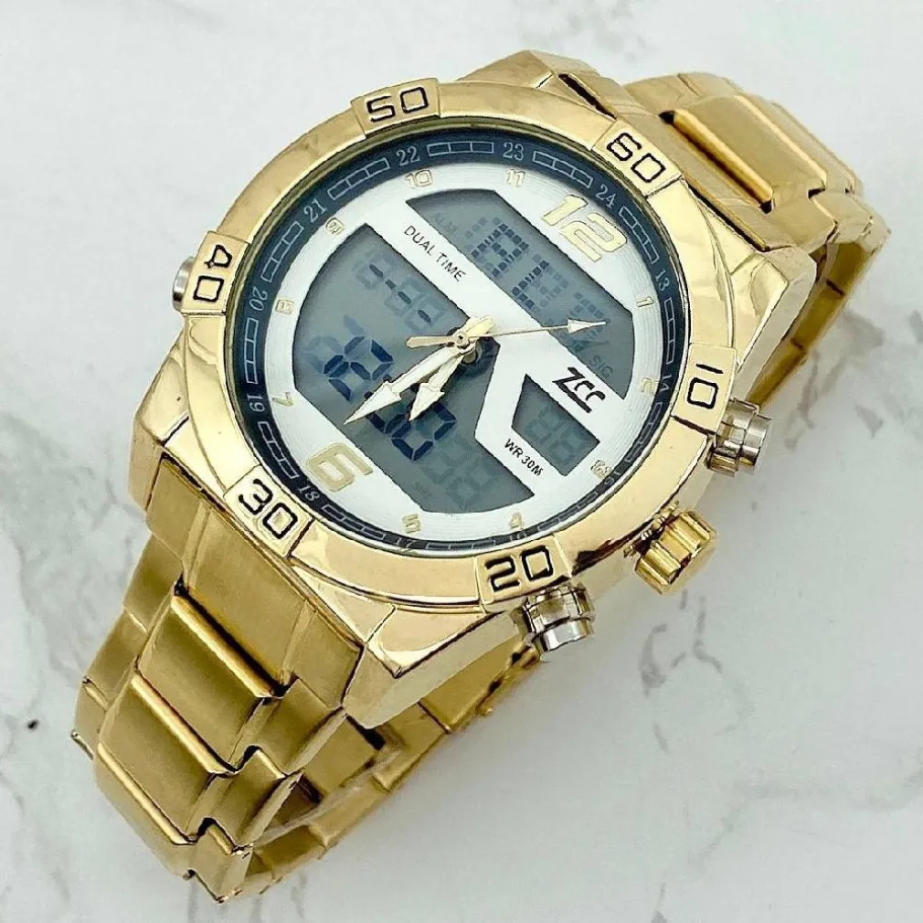 OROLOGIO DA POLSO ZCC UOMO ACCIAIO DUAL TIME RESISTENTE ALL'ACQUA DORATO BIANCO