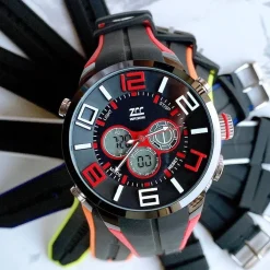 OROLOGIO DA POLSO ZCC UOMO DUAL TIME ANALOGICO DIGITALE SVEGLIA SPORT ROSSO NERO