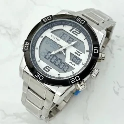 OROLOGIO DA POLSO ZCC UOMO ACCIAIO DUAL TIME RESISTENTE ALL'ACQUA WR 30M SILVER