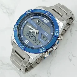 OROLOGIO DA POLSO ZCC UOMO IN ACCIAIO DUAL TIME RESISTENTE ALL'ACQUA SILVER BLU