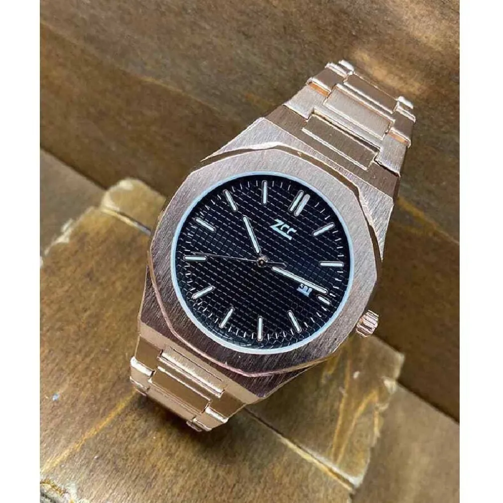 OROLOGIO DA POLSO ZCC UOMO AL QUARZO DATA ELEGANTE ROSE GOLD FONDO NERO
