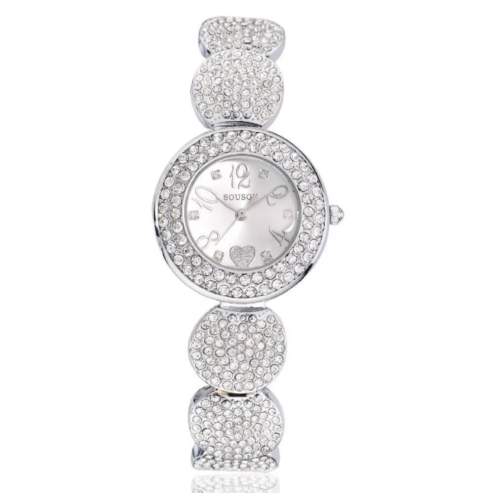 OROLOGIO POLSO DONNA SOUSOU S6097 CUORE BRILLANTINI MOVIMENTO AL QUARZO SILVER
