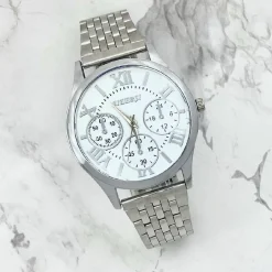 OROLOGIO POLSO JIEERSI UOMO ACCIAIO SILVER ANALOGICO CRONOGRAFO QUADRANTE BIANCO